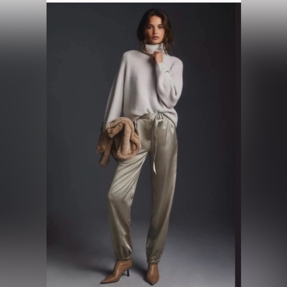 Maeve Satin Drawstring Ankle Joggers in Light Olive